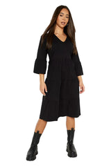 Robe mi-longue à manches évasées noire pour femme 