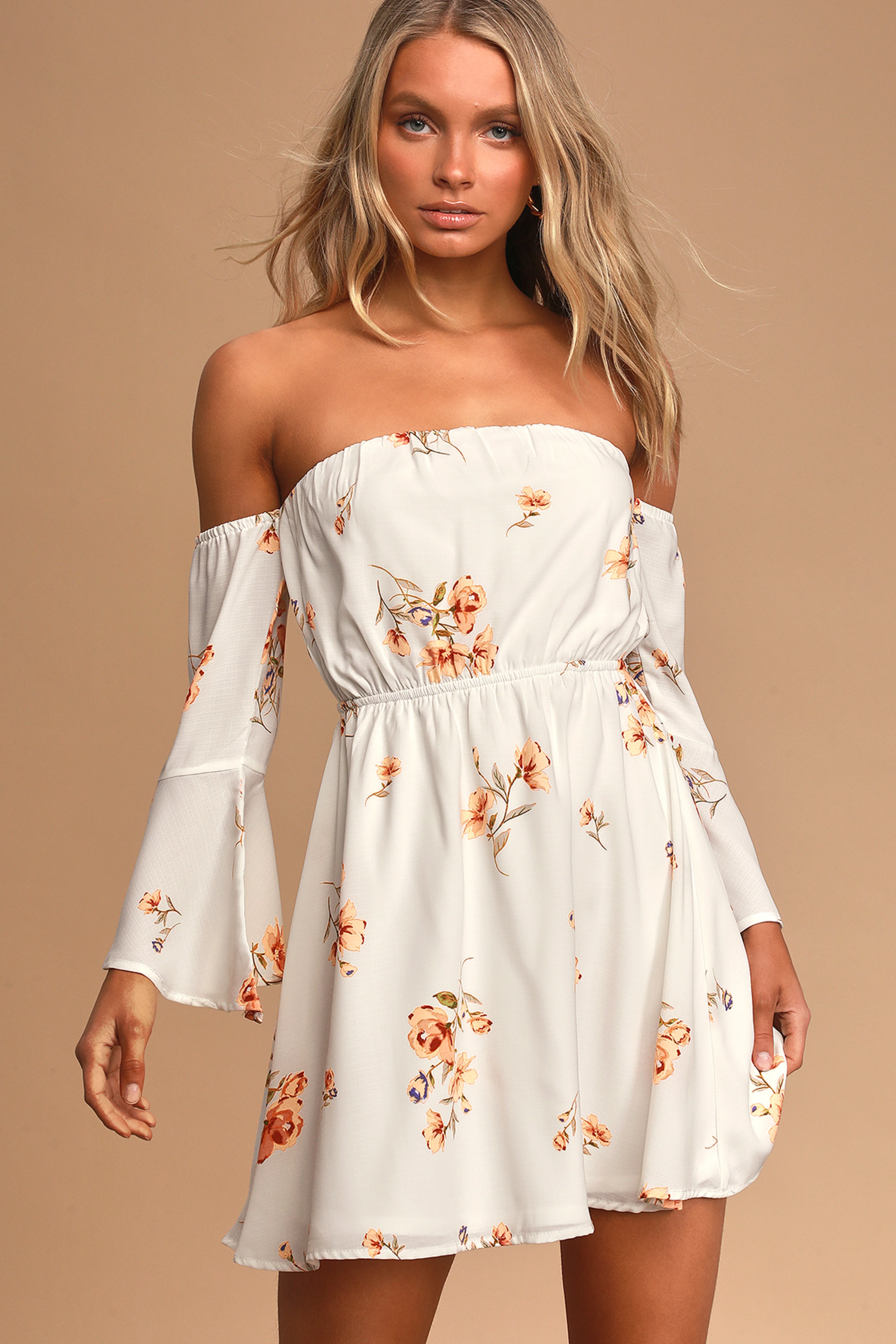 White Floral Off Shoulder Mini Dress