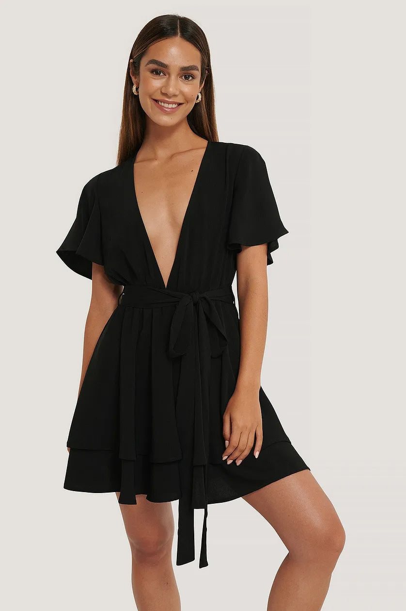 Black Deep Front Mini Dress