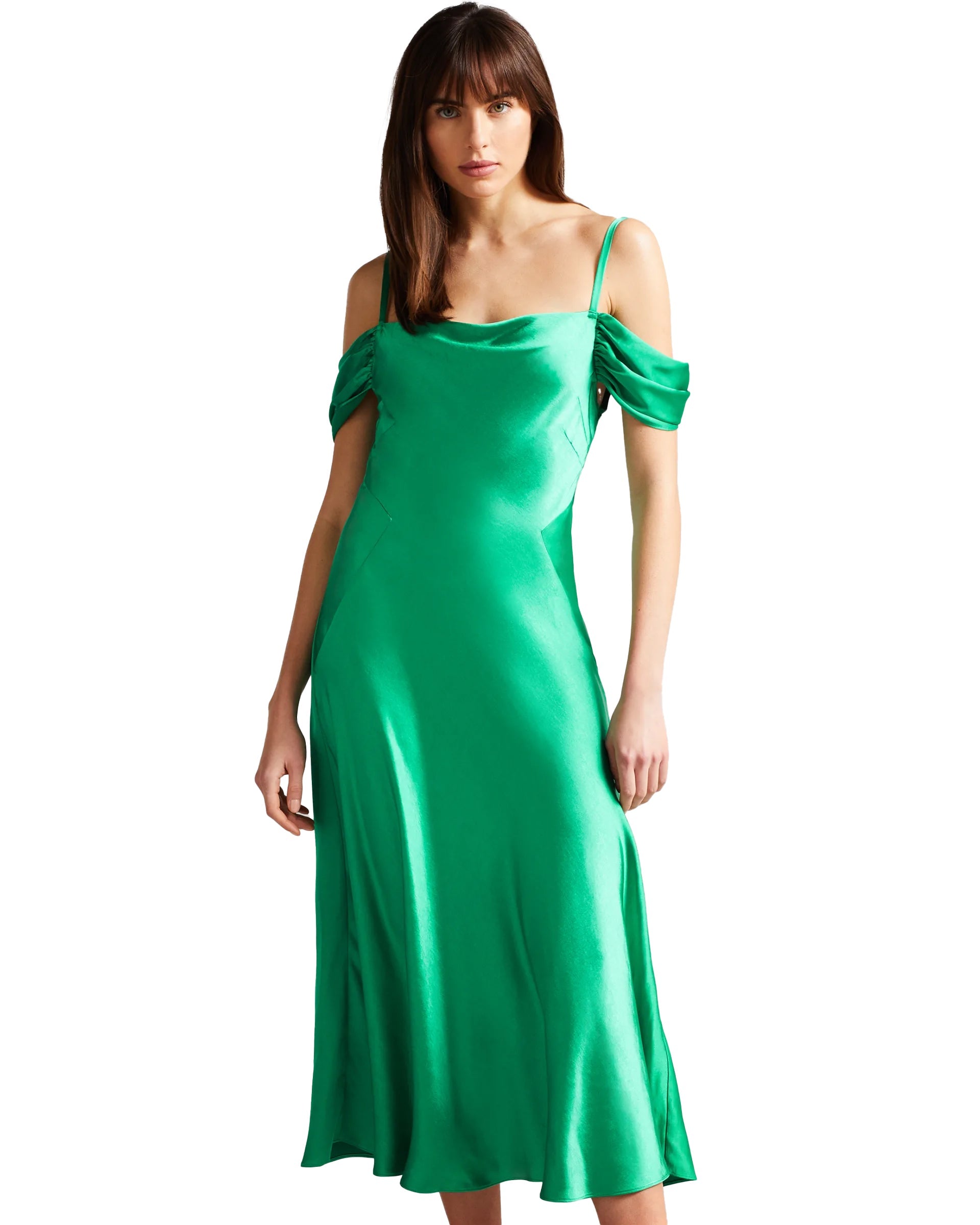 Satin Sleeveless Cold-shoulder Cowl Neck Plain Tall Casual Dress