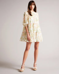 Georgette Long Sleeve Balloon Mock Neck Printed Short Casual Dress