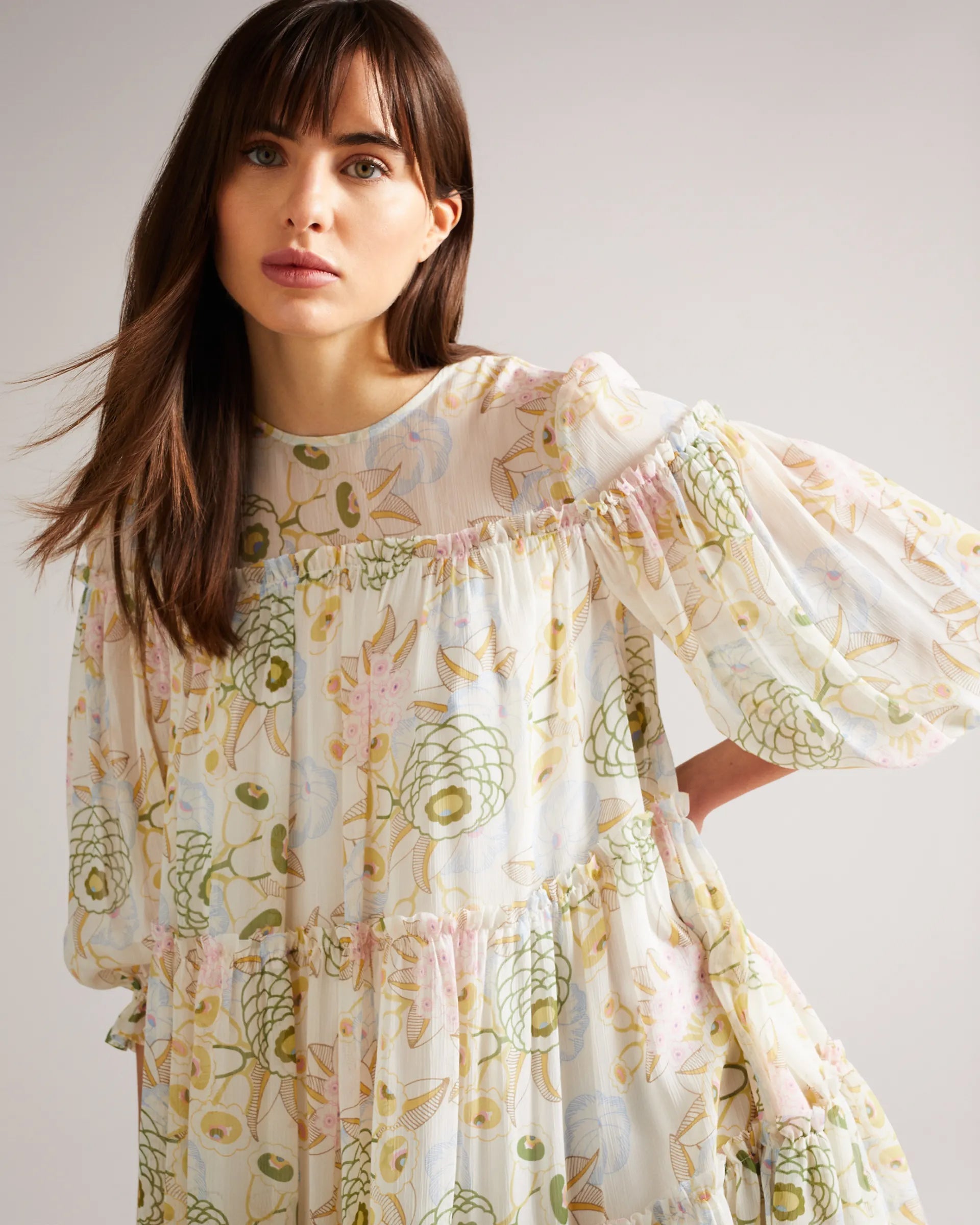 Georgette Long Sleeve Balloon Mock Neck Printed Short Casual Dress