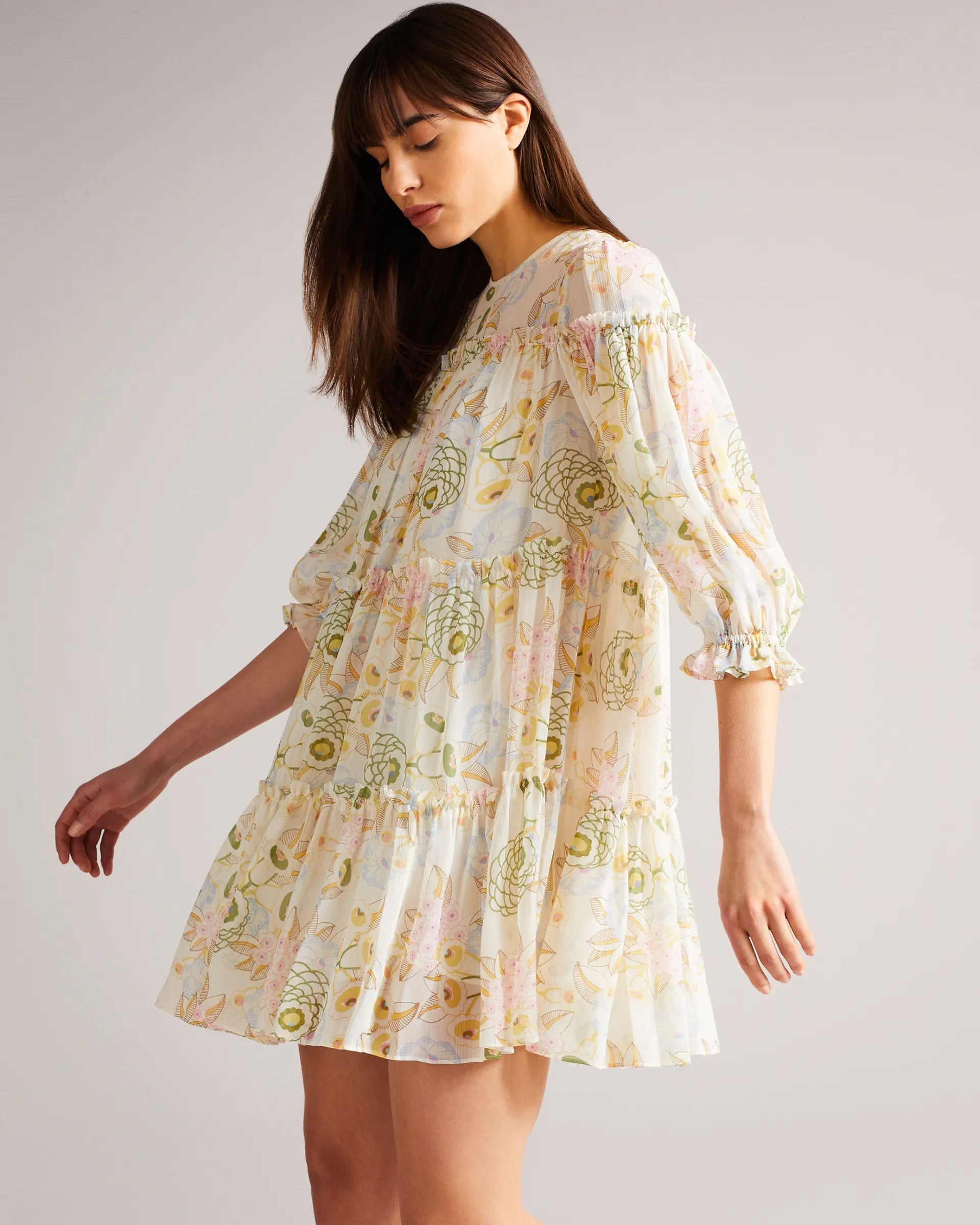 Georgette Long Sleeve Balloon Mock Neck Printed Short Casual Dress