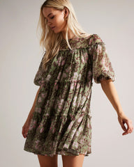 Georgette Short Sleeve Puff Cowl Neck Printed Short Boho Casual Dress