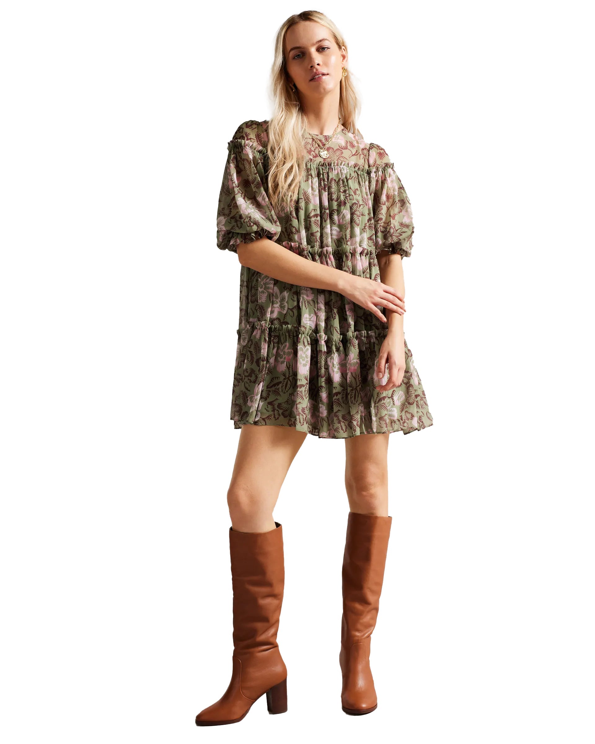 Georgette Short Sleeve Puff Cowl Neck Printed Short Boho Casual Dress