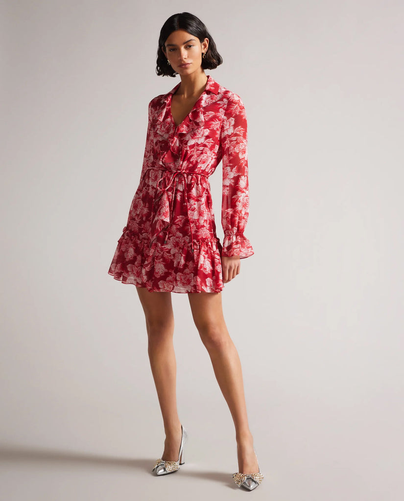 Georgette Long Sleeve Balloon V-Neck Printed Short Casual Dress