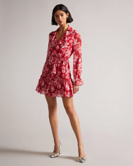 Georgette Long Sleeve Balloon V-Neck Printed Short Casual Dress