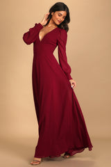 Georgette Long Sleeve Puff V-Neck Plain Tall Dress