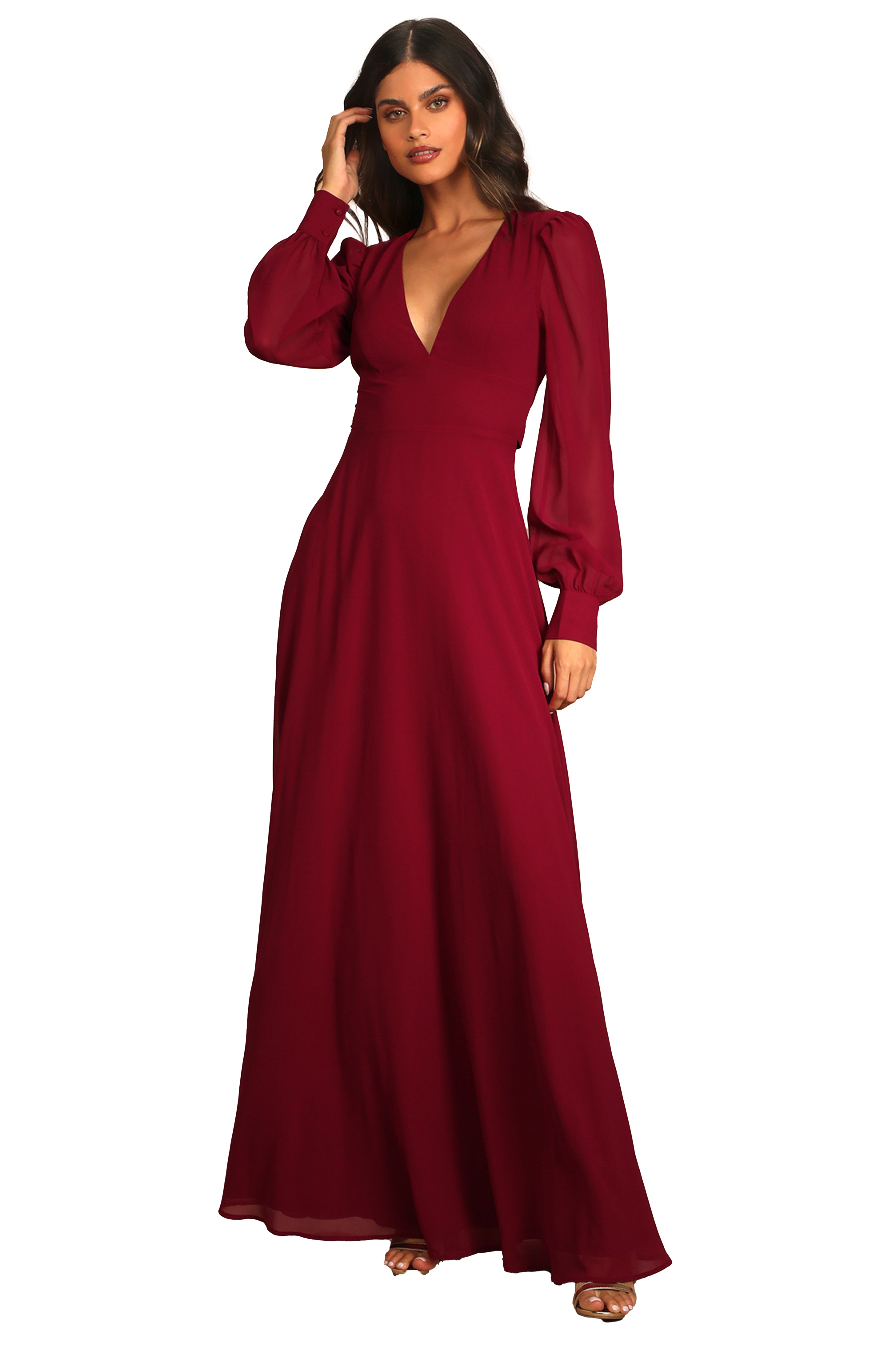 Georgette Long Sleeve Puff V-Neck Plain Tall Dress Large-38 Georgette Long Sleeve Puff V-Neck Plain Tall Dress Large-38