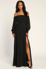 Georgette Long Sleeve Puff Off-shoulder Plain Tall Dress