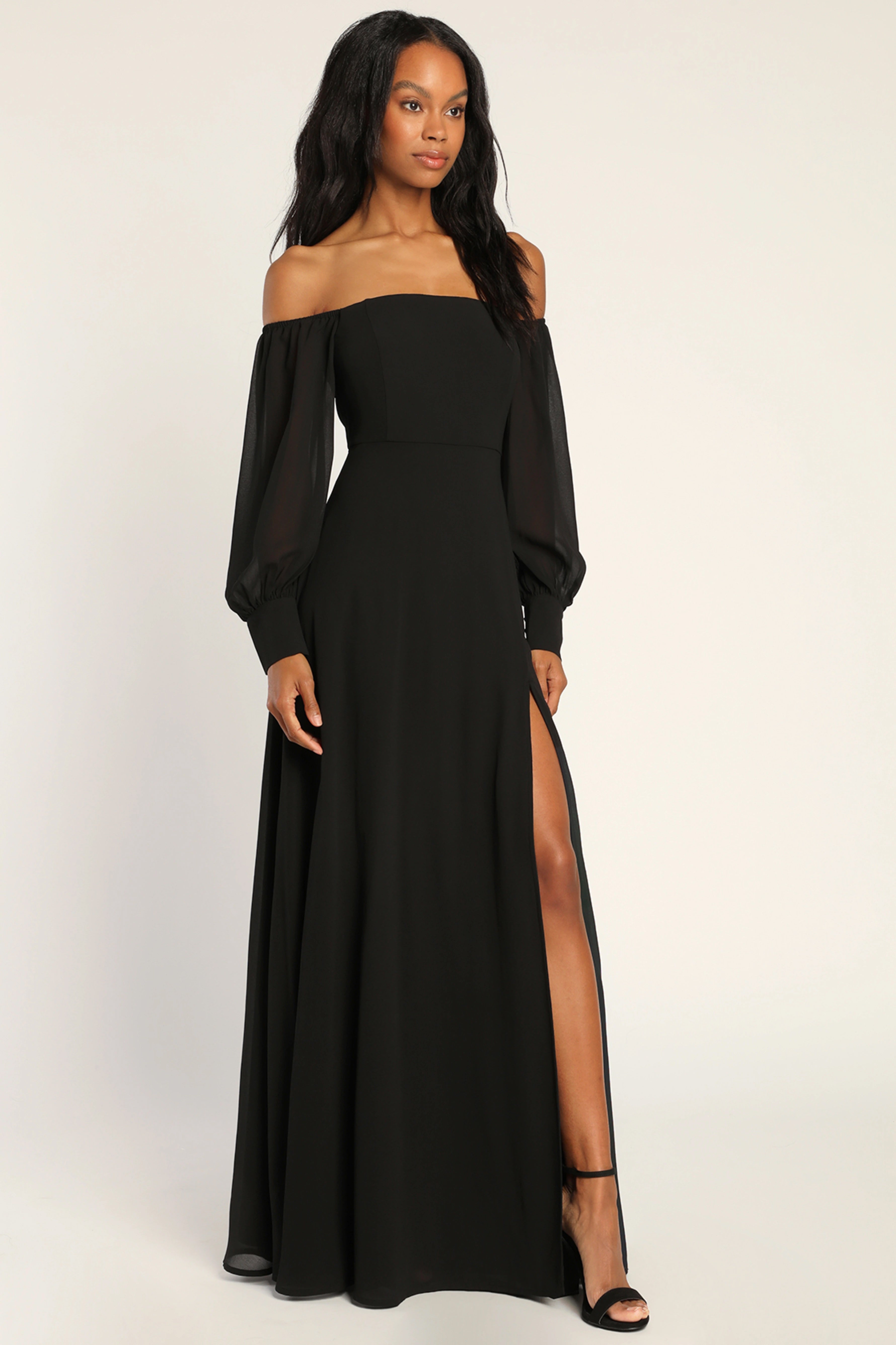 Georgette Long Sleeve Puff Off-shoulder Plain Tall Dress ElinaFashion.com Georgette Long Sleeve Puff Off-shoulder Plain Tall Dress ElinaFashion.com