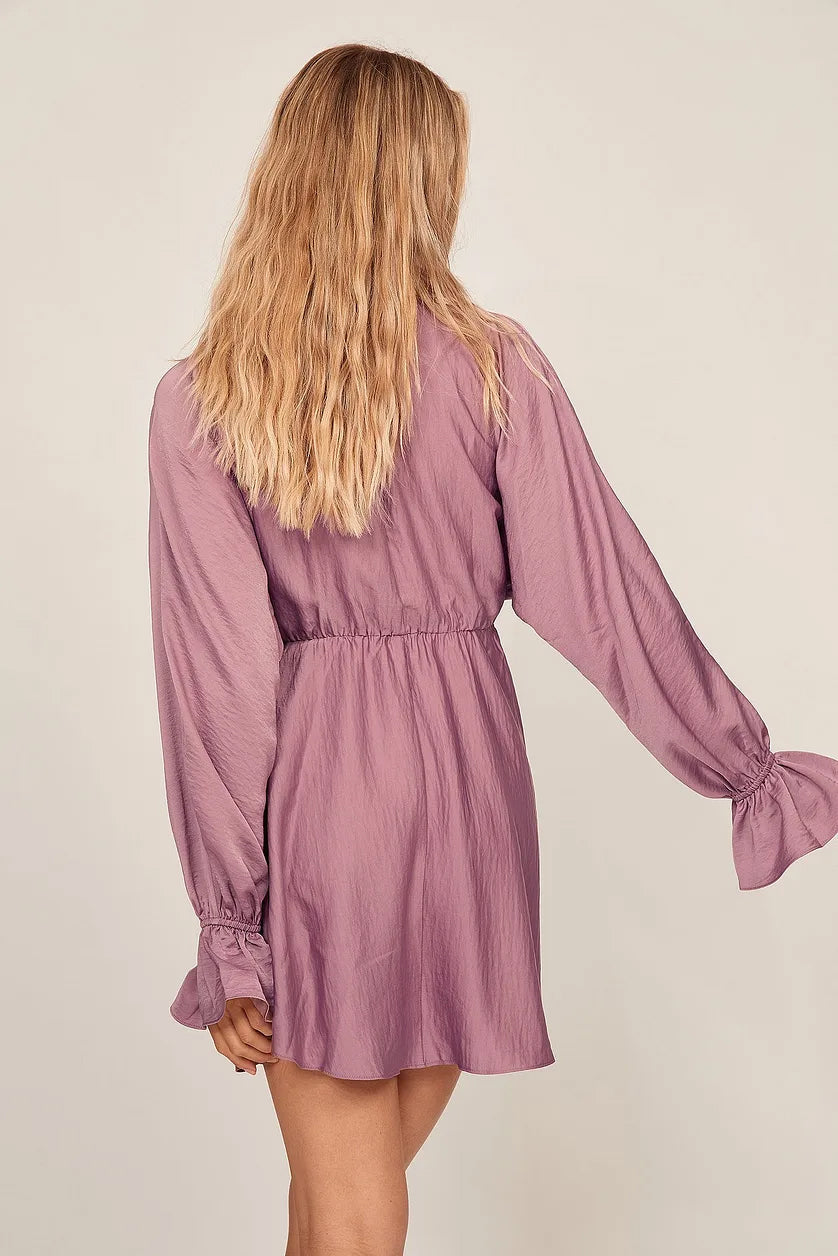 Satin Long Sleeve Puff V-Neck Plain Short Boho Dress Small-34 Satin Long Sleeve Puff V-Neck Plain Short Boho Dress Small-34