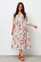 Crepe Short Sleeve Balloon Sleeve V-Neck Printed Tall Casual Dress