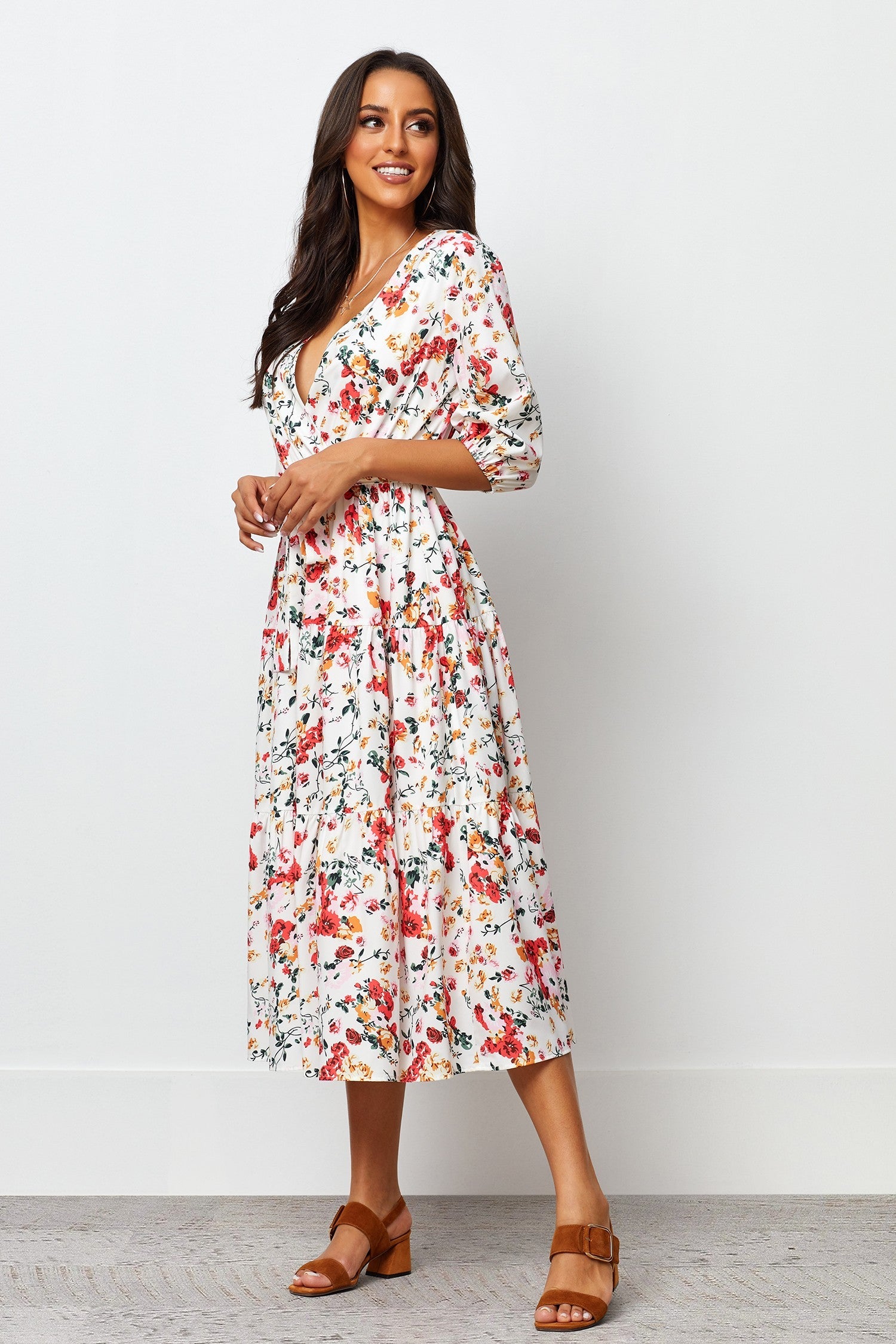 Crepe Short Sleeve Balloon Sleeve V-Neck Printed Tall Casual Dress