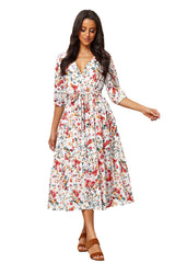 Crepe Short Sleeve Balloon Sleeve V-Neck Printed Tall Casual Dress