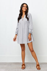 Cotton Long Sleeve Balloon Sleeve V-Neck Printed Short Boho Casual Dress