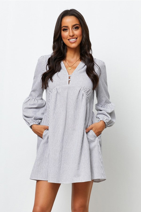 Cotton Long Sleeve Balloon Sleeve V-Neck Printed Short Boho Casual Dress