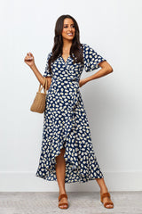 Navy Blue Floral Chiffon Dress