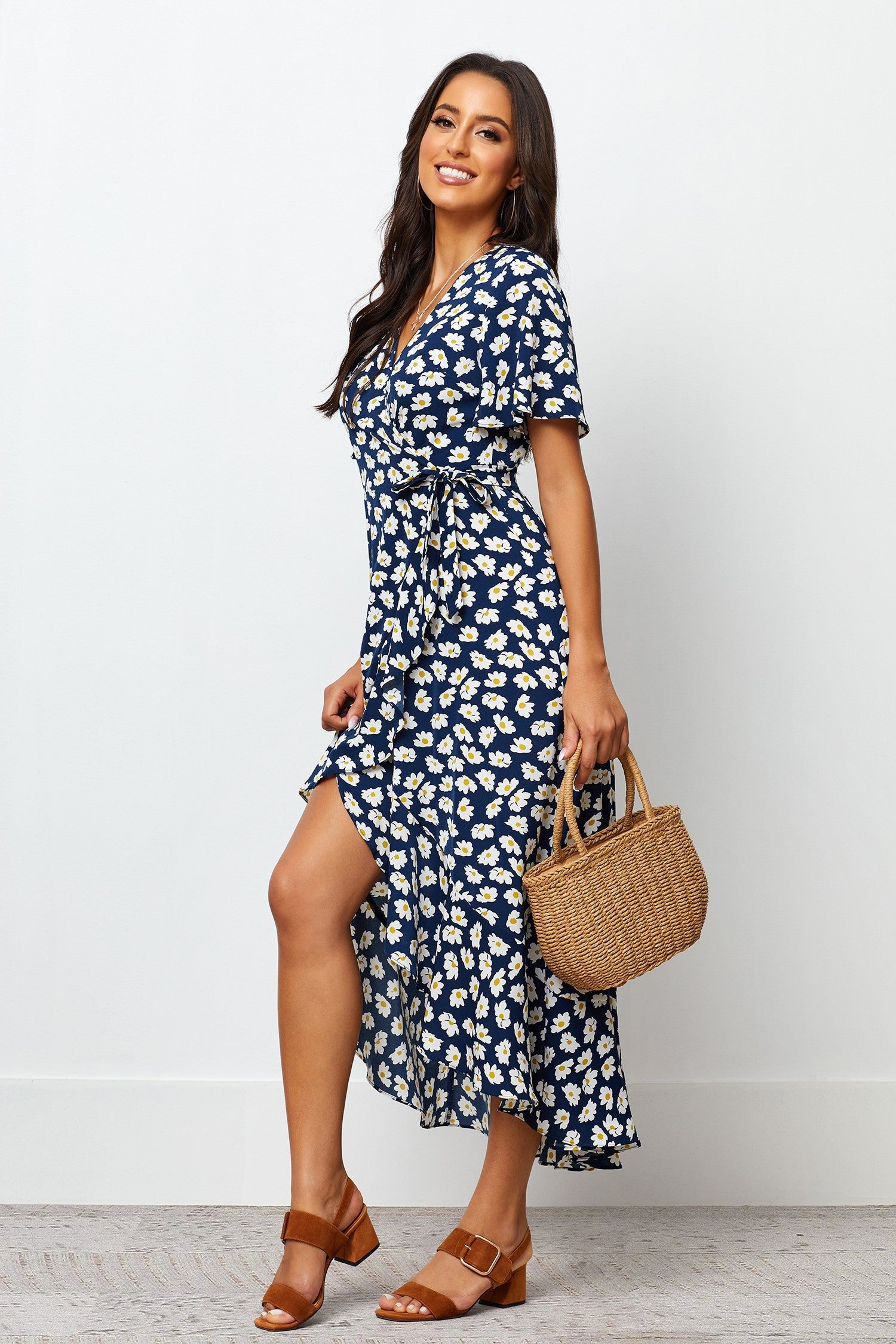 Navy Blue Floral Chiffon Dress