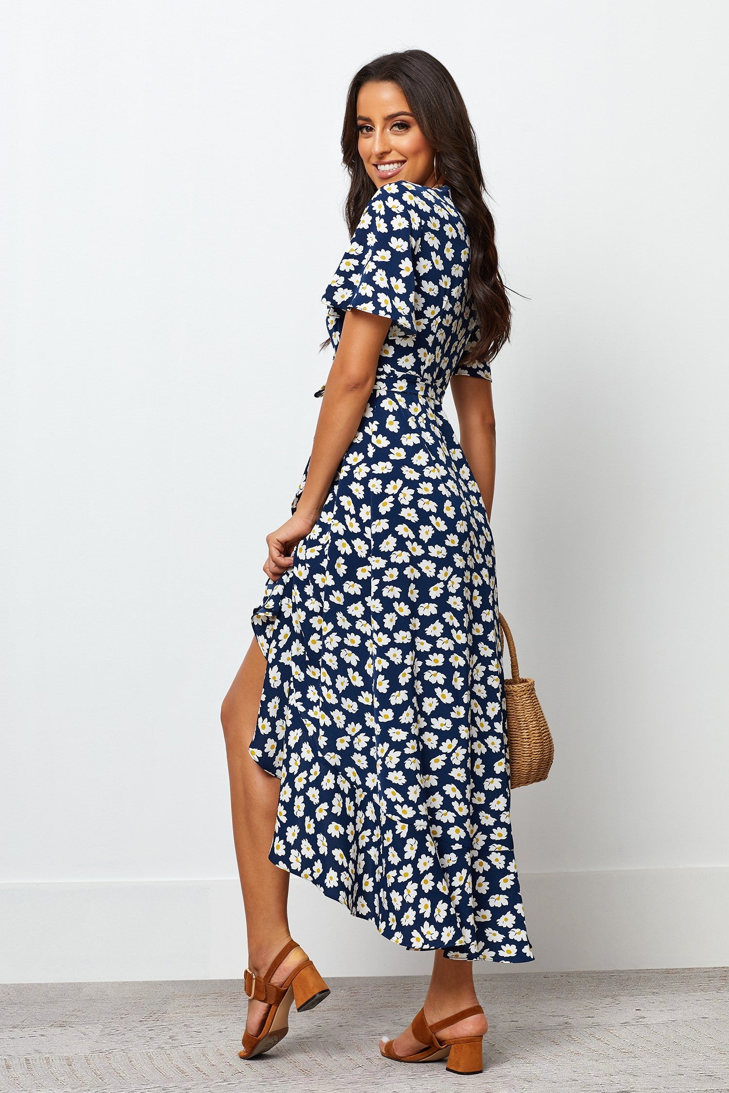 Navy Blue Floral Chiffon Dress