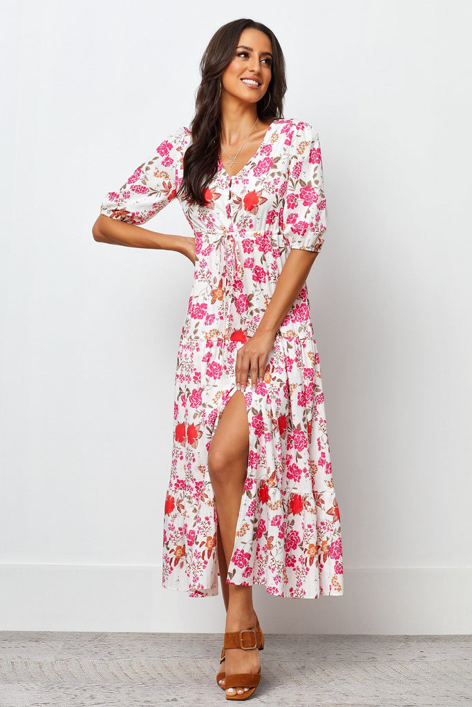Crepe Short Sleeve Puff V-Neck Printed Tall Casual Dress