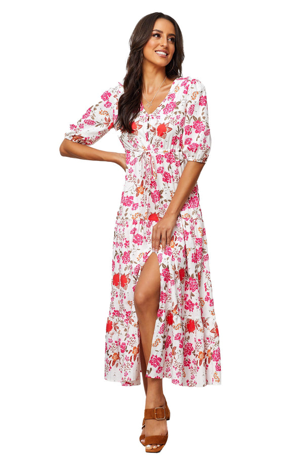 Crepe Short Sleeve Puff V-Neck Printed Tall Casual Dress