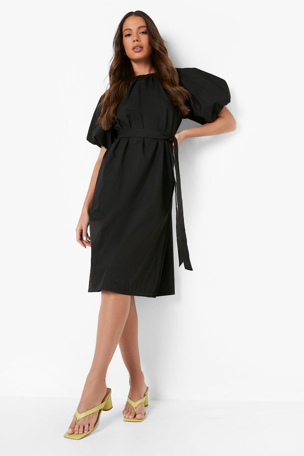 Black Poplin Tie Waist Midi Skater Dress