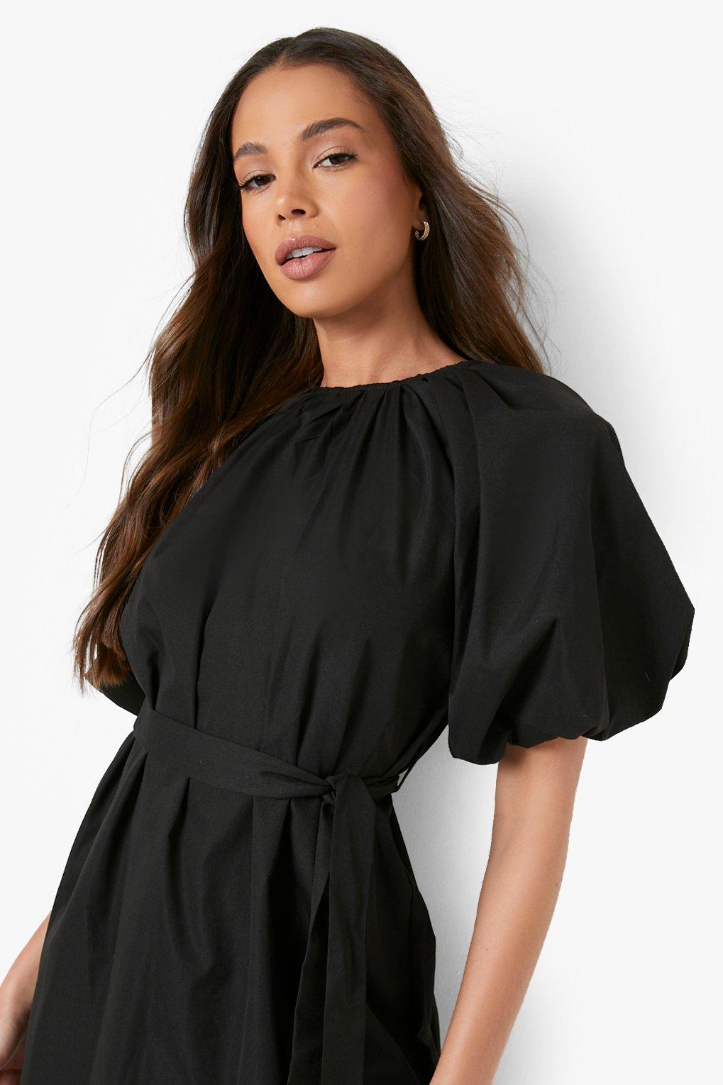 Robe patineuse mi-longue en popeline noire avec lien à la taille 