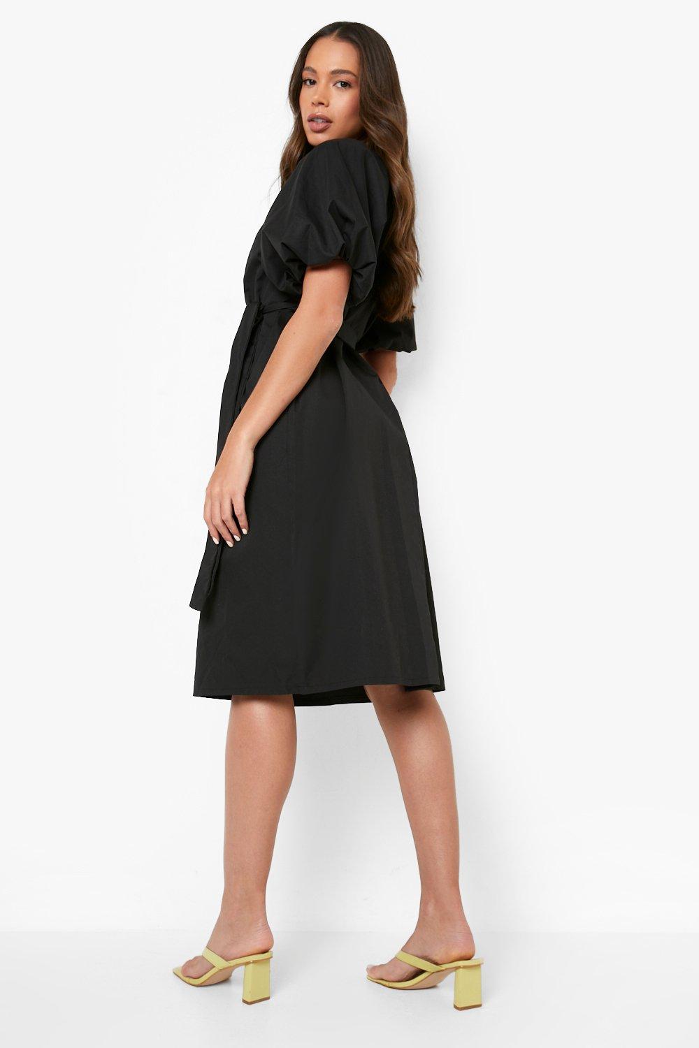 Black Poplin Tie Waist Midi Skater Dress