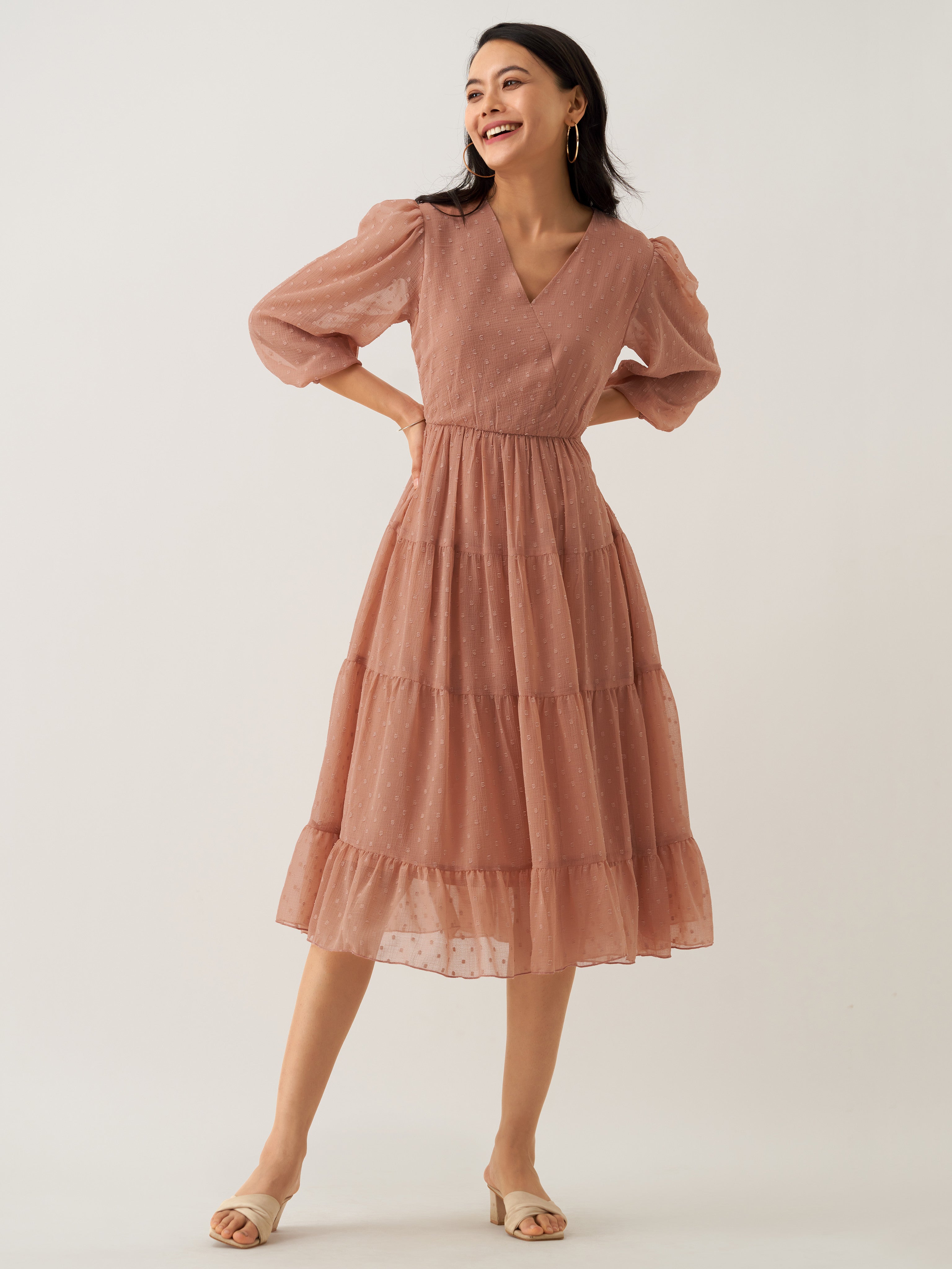 Rust Orange Chiffon Brasso Swiss Dot V-Neck Dress X-Large-40 Rust Orange Chiffon Brasso Swiss Dot V-Neck Dress X-Large-40