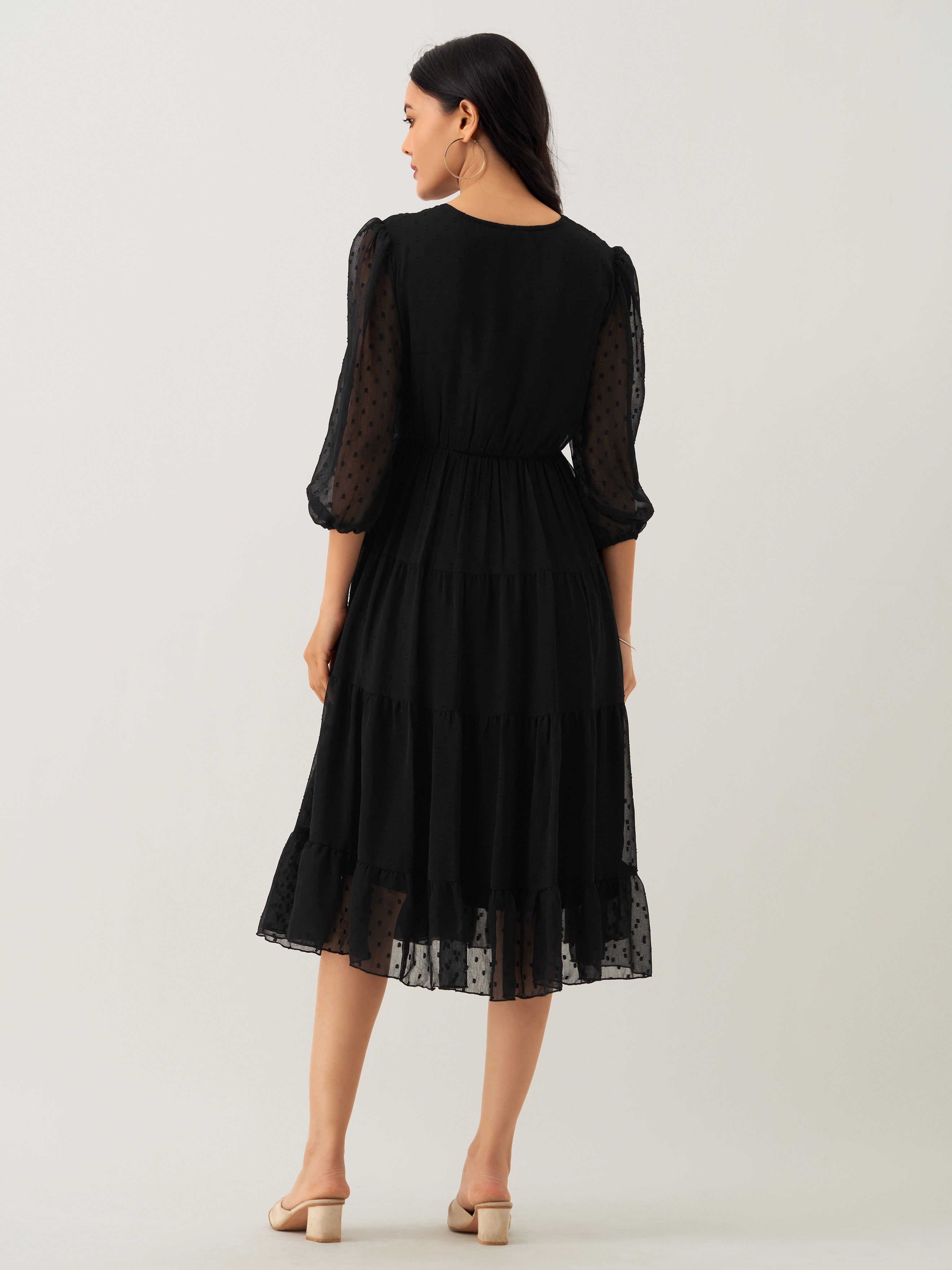 Black Chiffon Brasso Swiss Dot V-Neck Dress