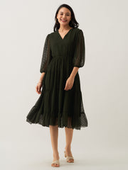 Dark Green Chiffon Brasso Swiss Dot V-Neck Dress