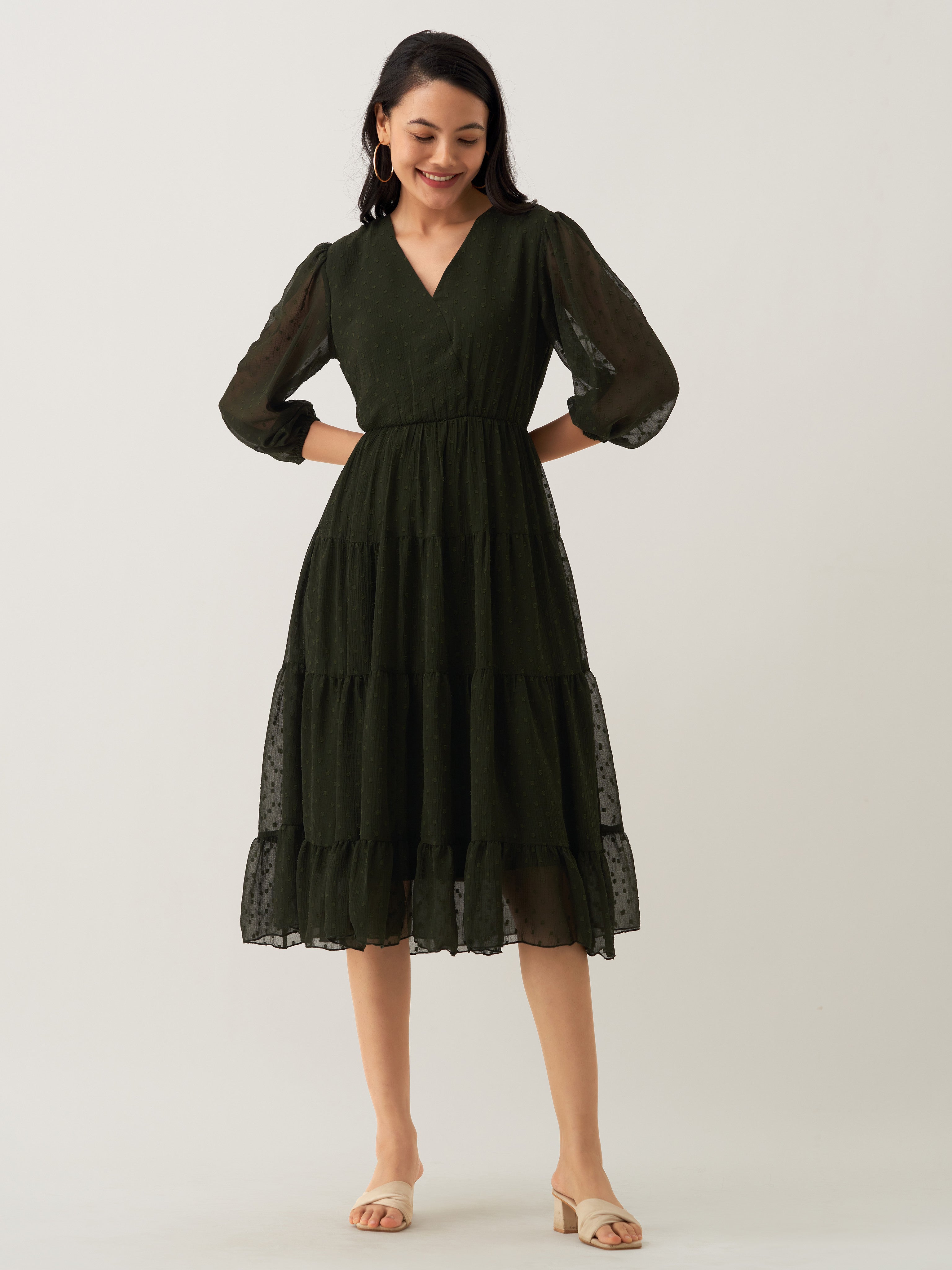 Dark Green Chiffon Brasso Swiss Dot V-Neck Dress