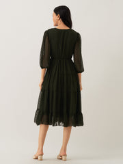 Dark Green Chiffon Brasso Swiss Dot V-Neck Dress