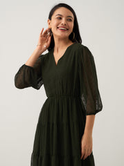 Dark Green Chiffon Brasso Swiss Dot V-Neck Dress