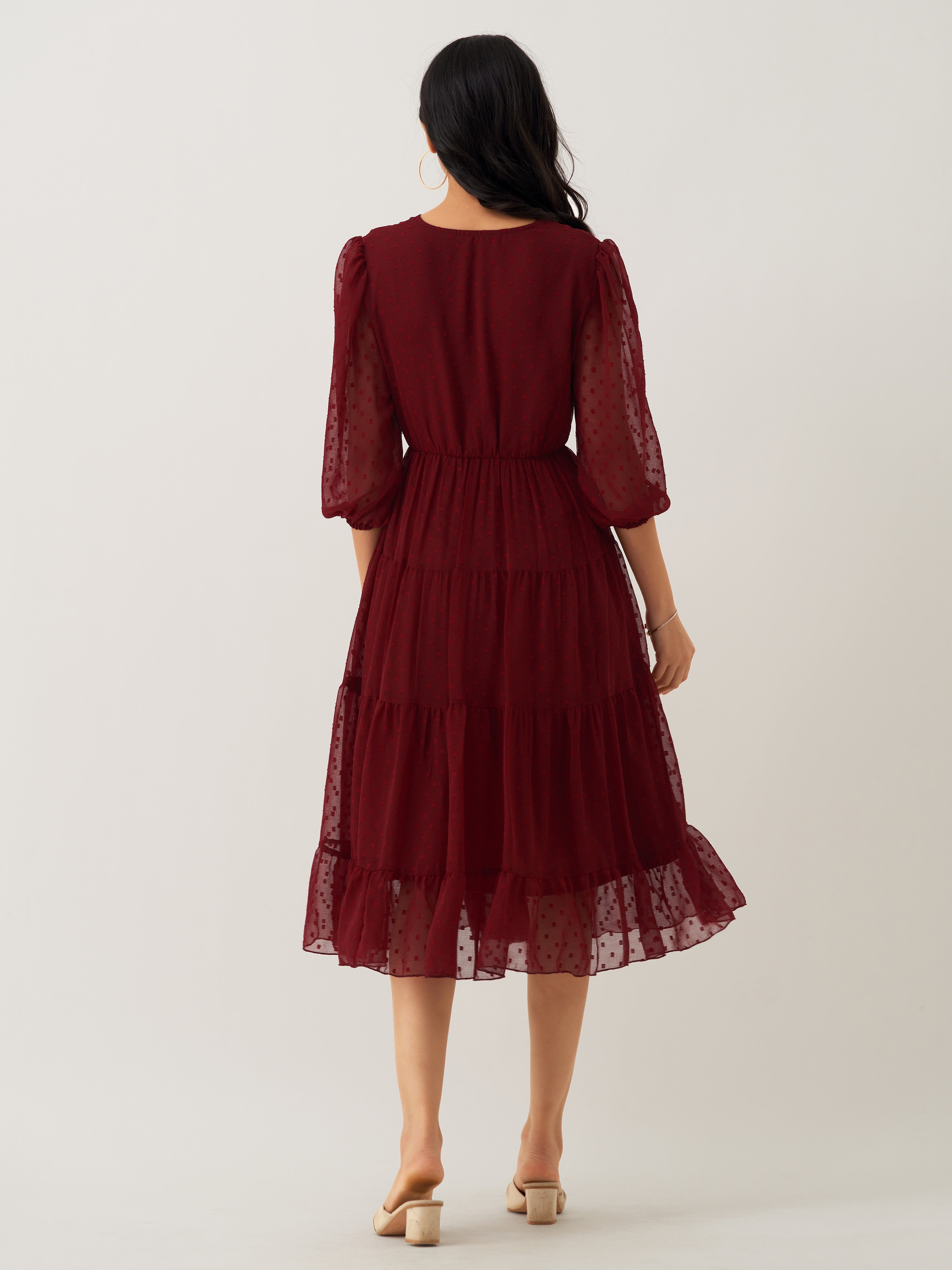 Wine Chiffon Brasso Swiss Dot V-Neck Dress