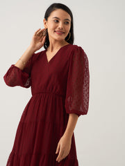 Wine Chiffon Brasso Swiss Dot V-Neck Dress