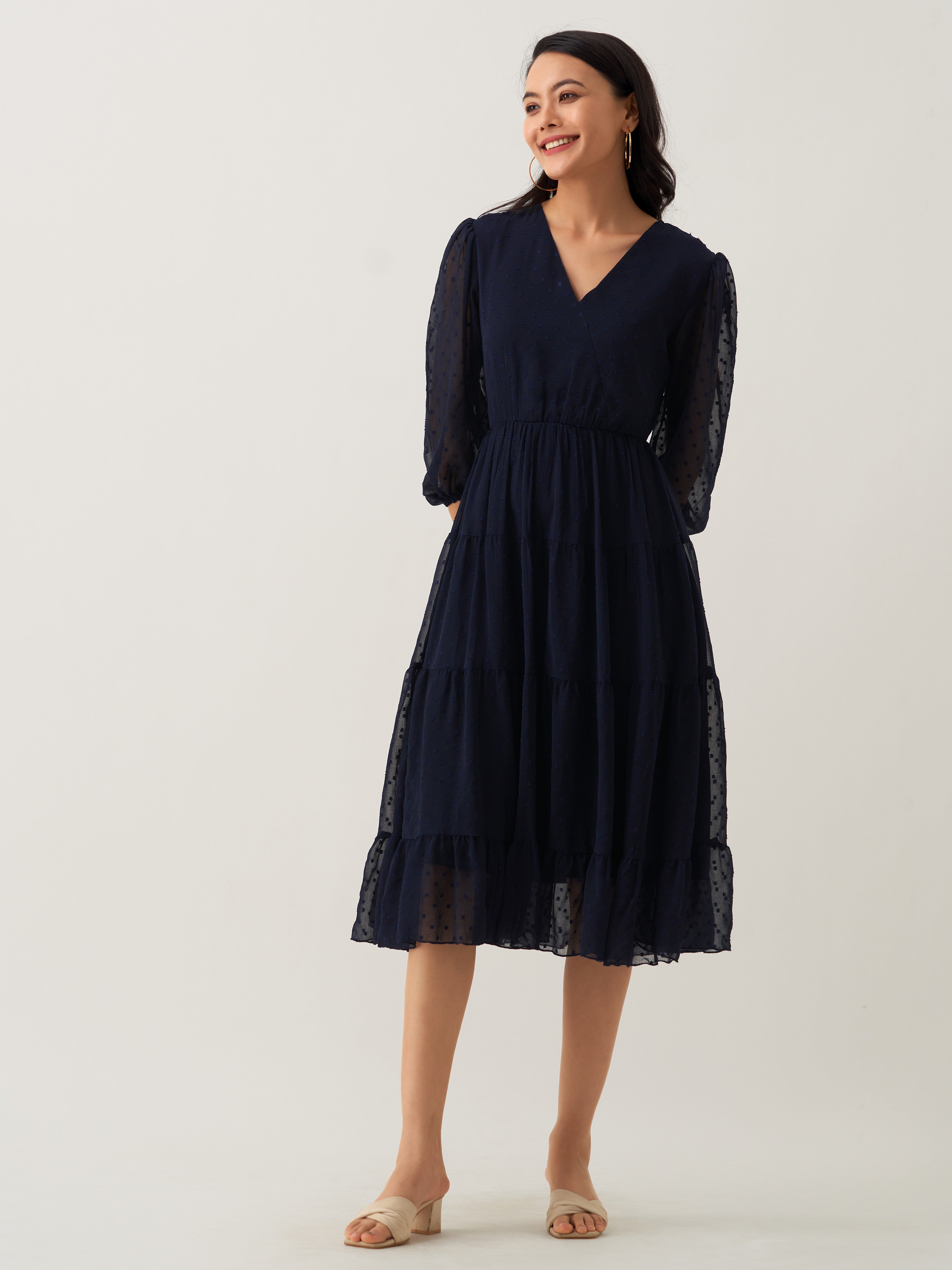 Navy Blue Chiffon Brasso Swiss Dot V-Neck Dress