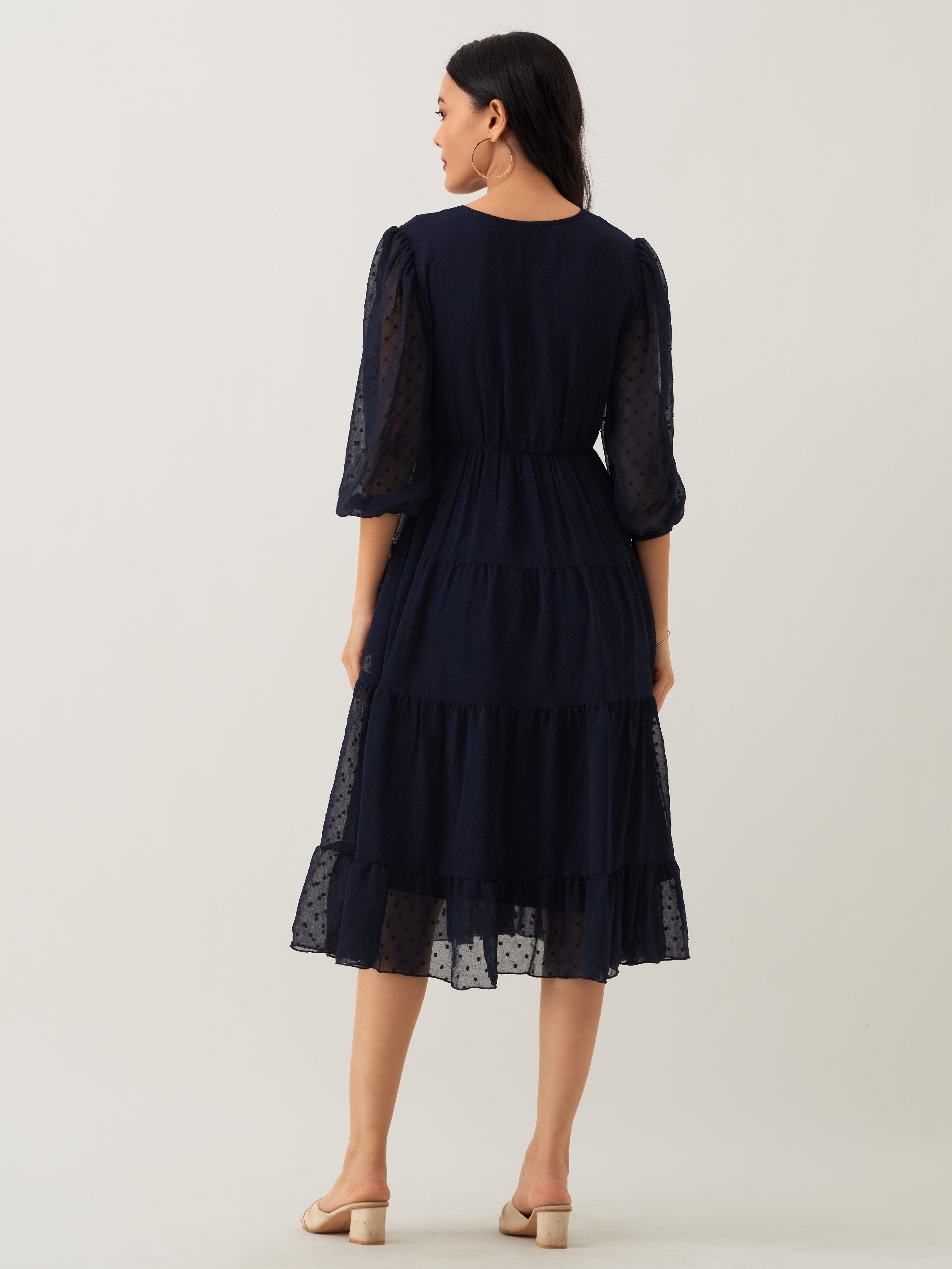 Navy Blue Chiffon Brasso Swiss Dot V-Neck Dress