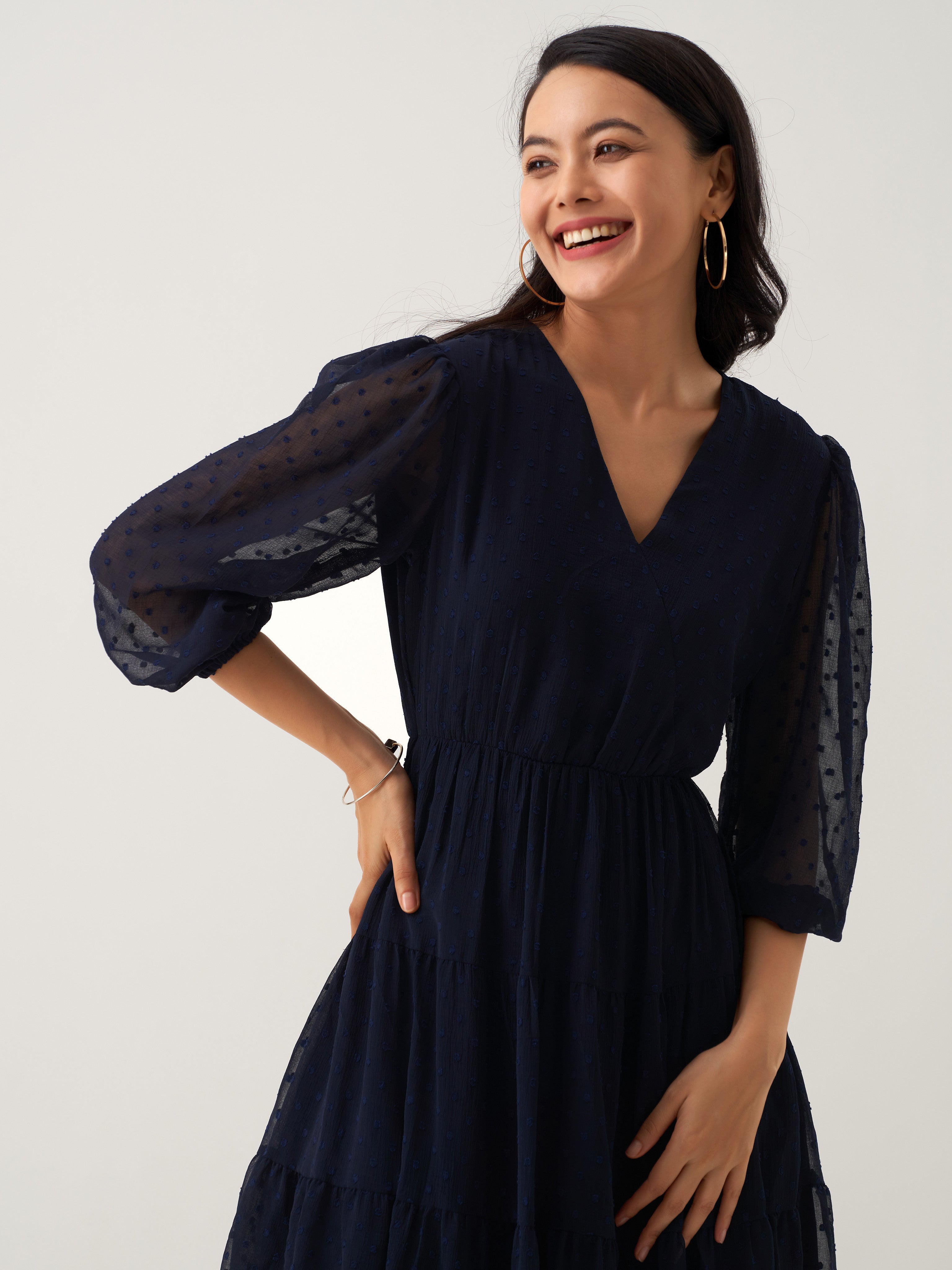 Navy Blue Chiffon Brasso Swiss Dot V-Neck Dress