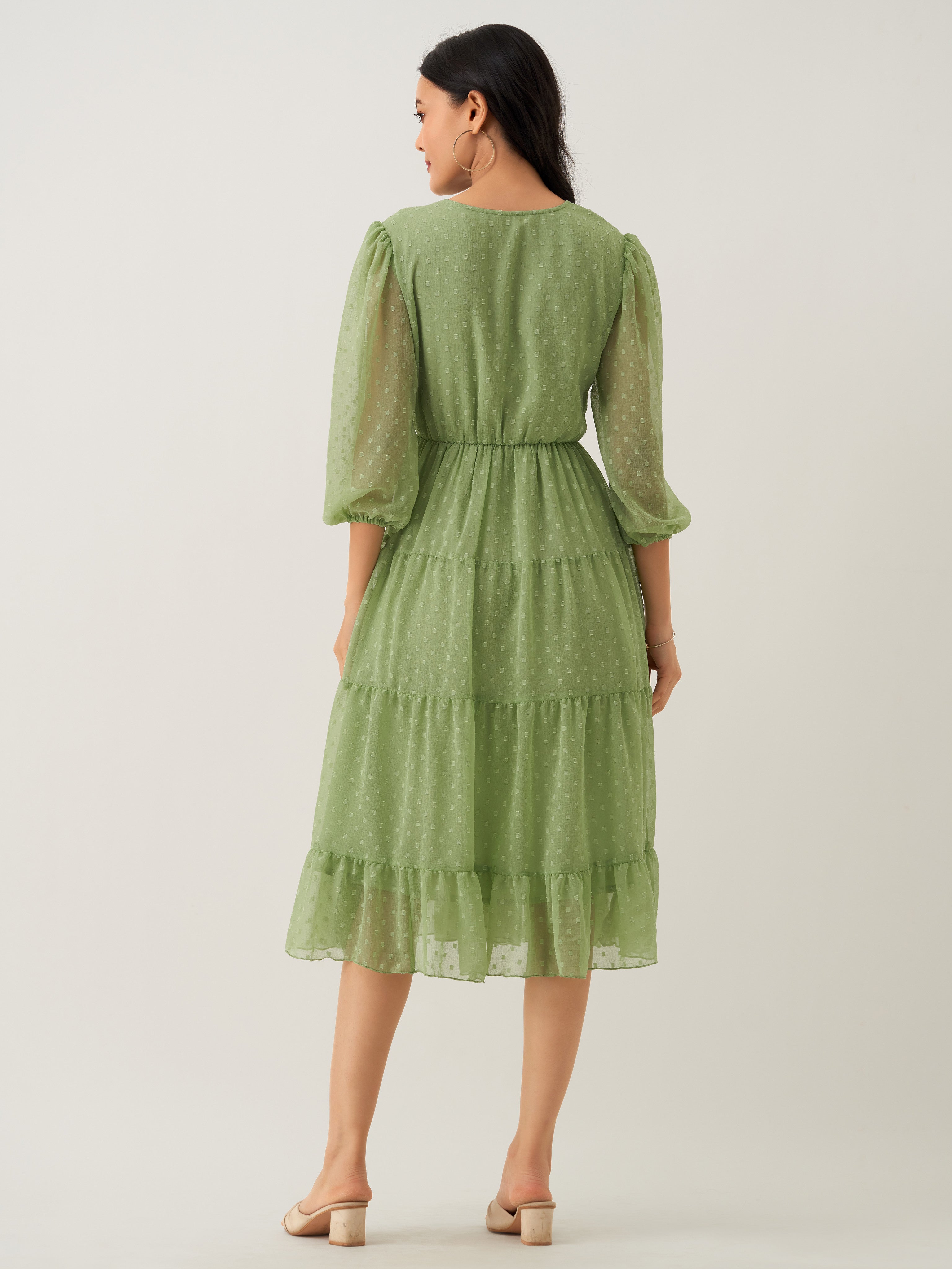 Green Mist Chiffon Brasso Swiss Dot V-Neck Dress Large-38 Green Mist Chiffon Brasso Swiss Dot V-Neck Dress Large-38