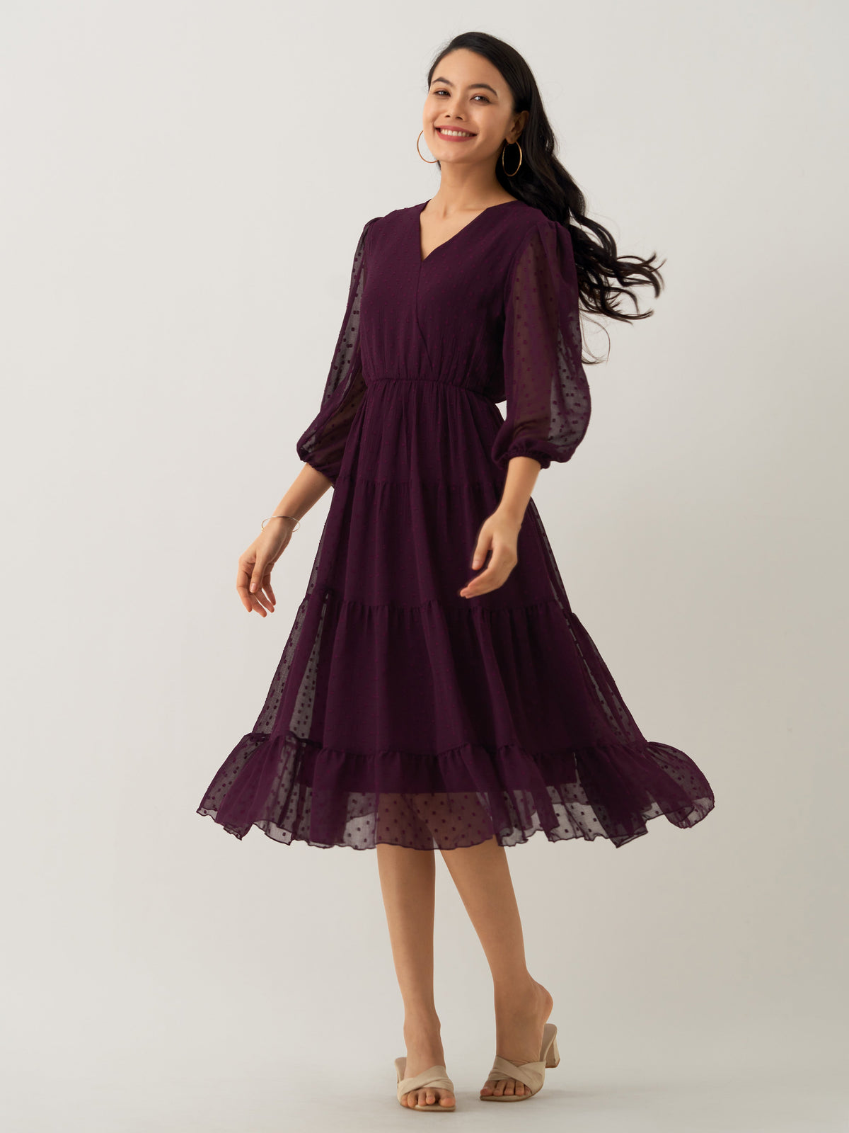 Purple Chiffon Brasso Swiss Dot V-Neck Dress