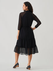 Black Chiffon Brasso Swiss Dot V-Neck Dress