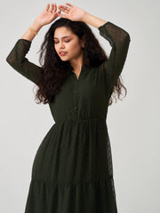 Dark Green Chiffon Brasso Swiss Dot V-Neck Dress