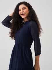 Navy Blue Chiffon Brasso Swiss Dot V-Neck Dress