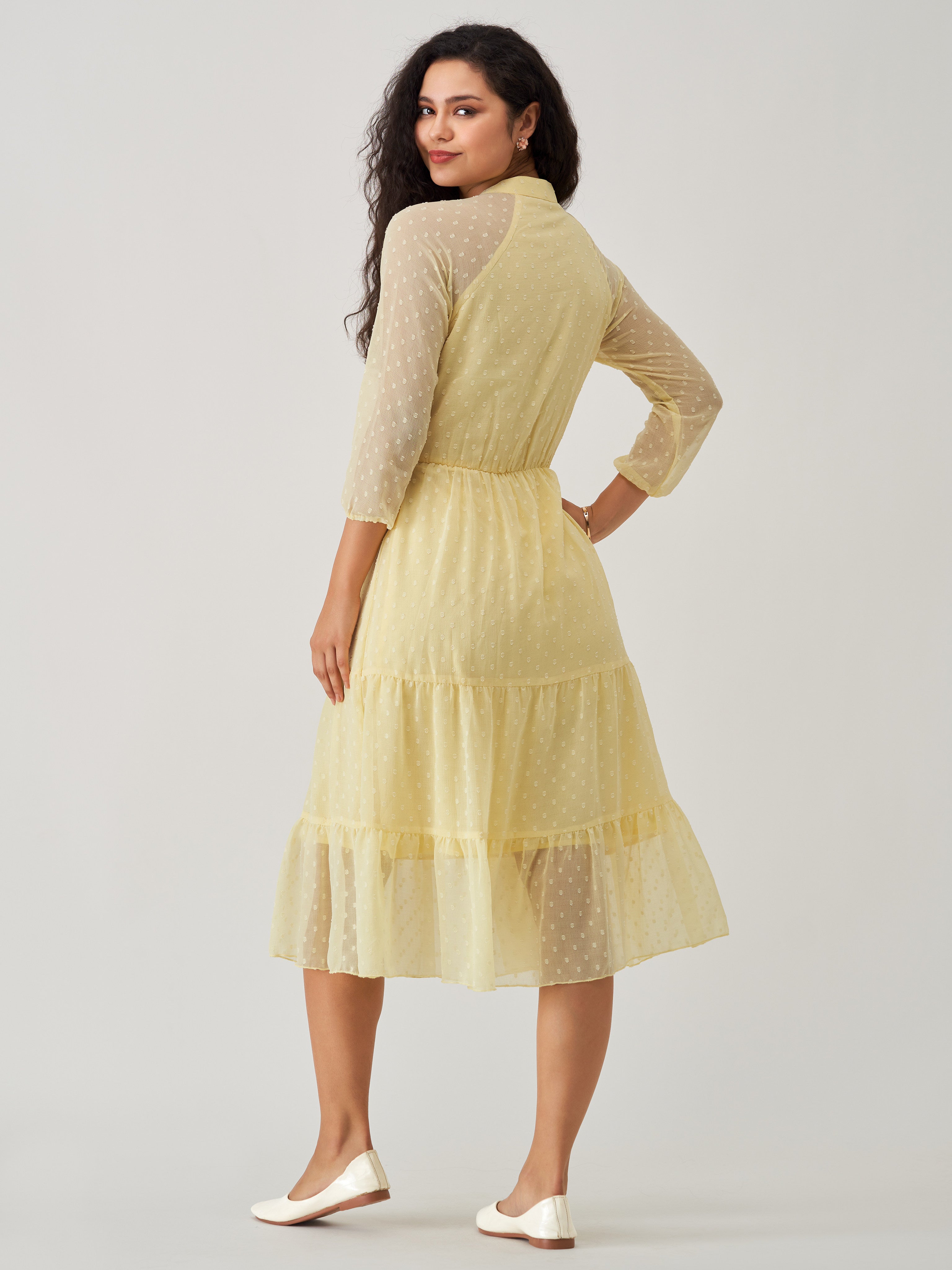 Light Yellow Chiffon Brasso Swiss Dot V-Neck Dress Small-34 Light Yellow Chiffon Brasso Swiss Dot V-Neck Dress Small-34