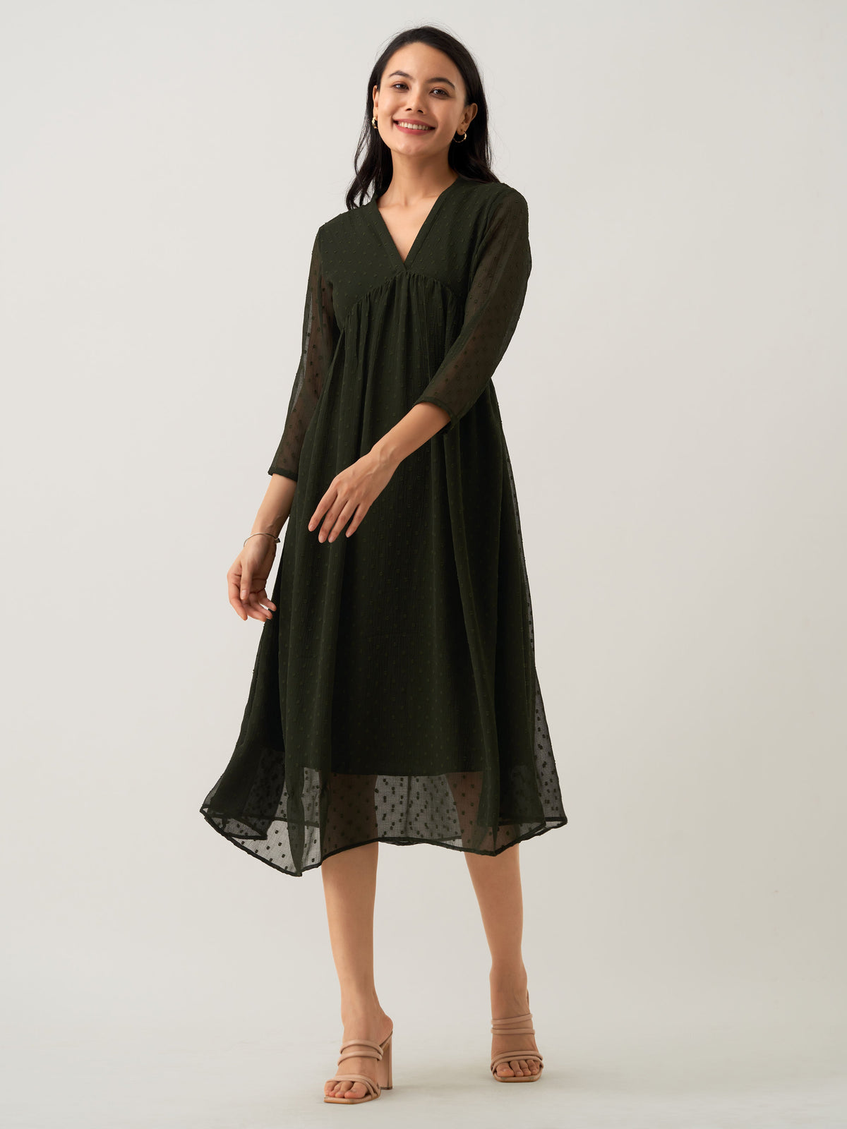 Dark Green Chiffon Brasso Swiss Dot V-Neck Dress