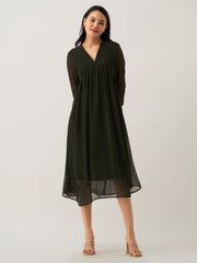 Dark Green Chiffon Brasso Swiss Dot V-Neck Dress