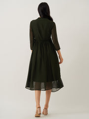 Dark Green Chiffon Brasso Swiss Dot V-Neck Dress