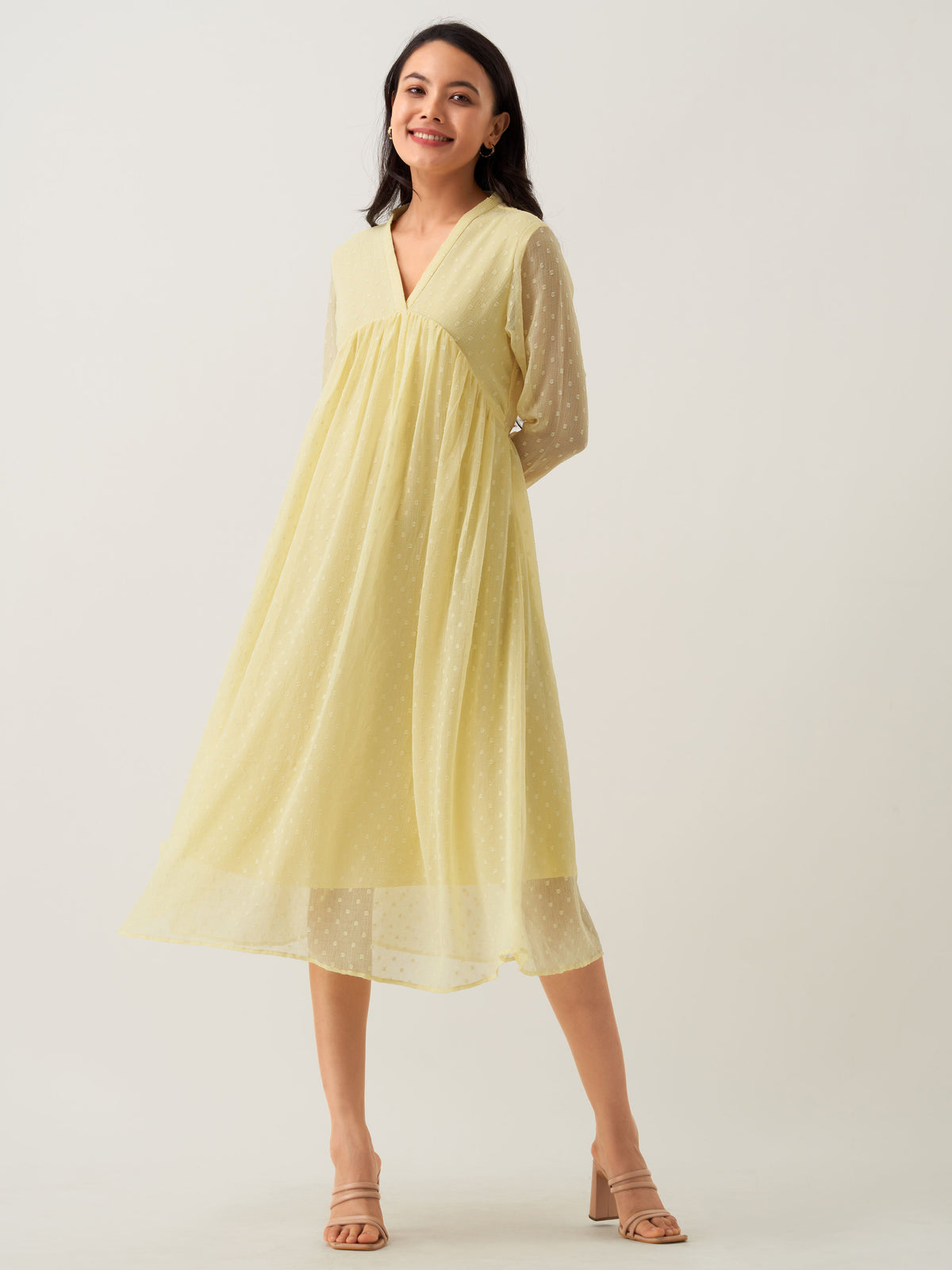 Light Yellow Chiffon Brasso Swiss Dot V-Neck Dress